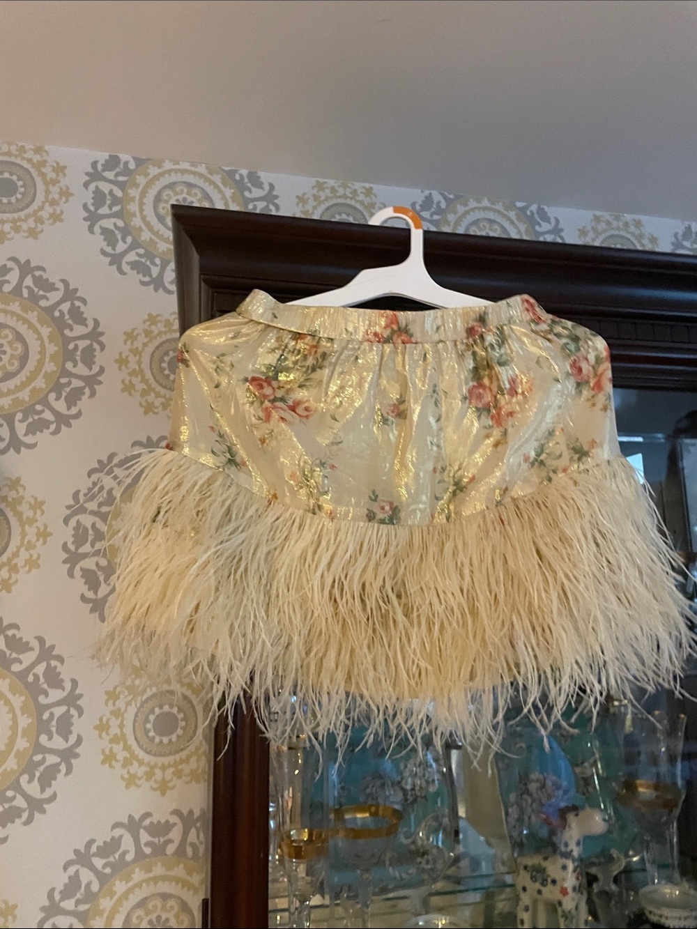 Ivory Floral Mini Skirt with Feather Trim